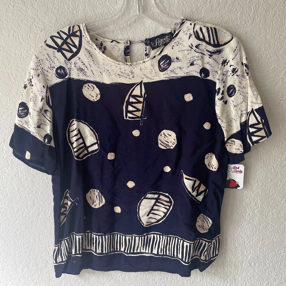 Vintage 90s Navy & Cream Tribal Print Short Sleeve w/ Shoulder Pads